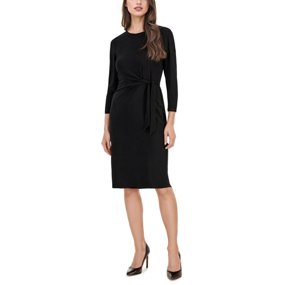 Kasper Tie Front Sheath Dress‎ Womens Petite PS Black Sophisticated Quiet Luxury